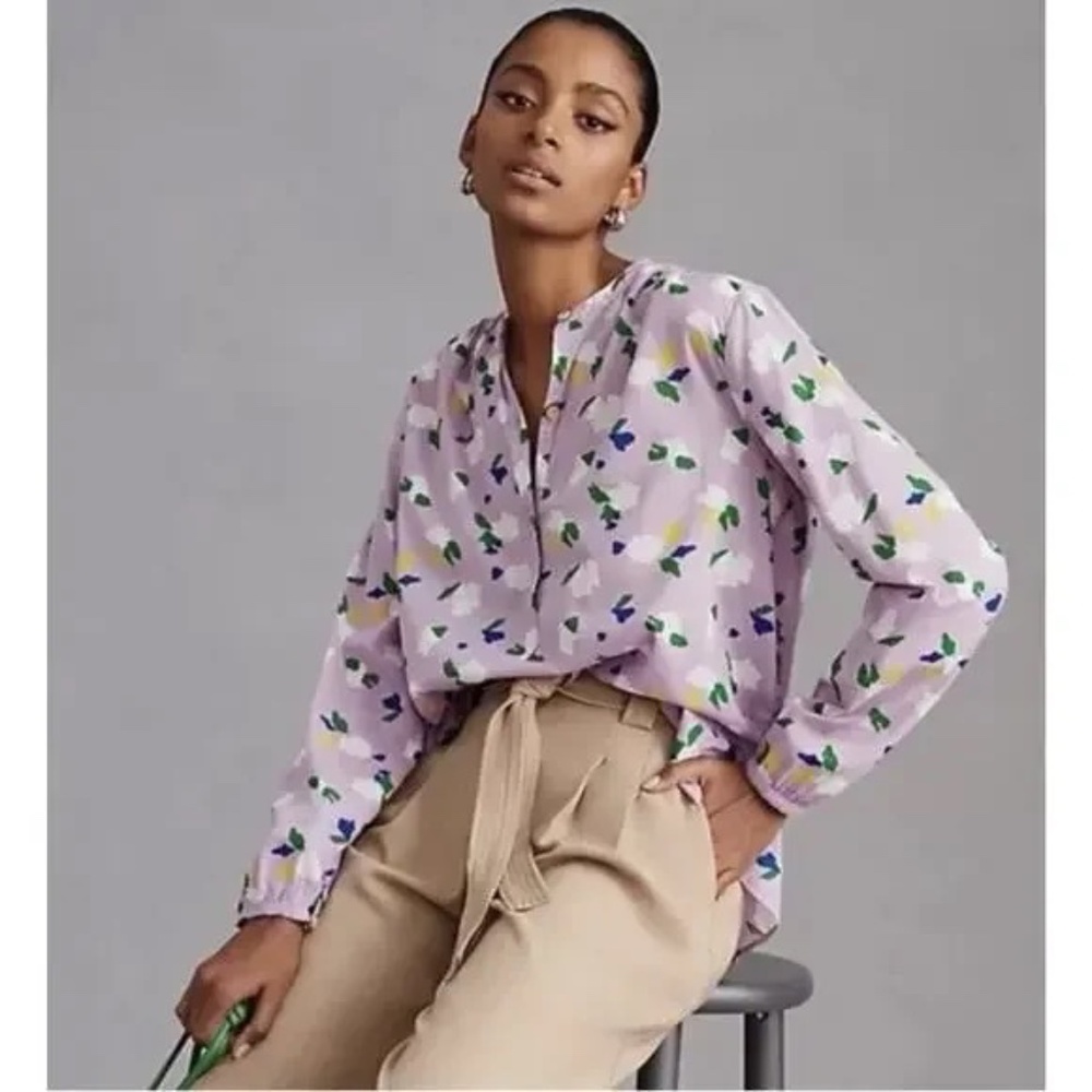 Clare V Lavender Floral Split-Neck Blouse